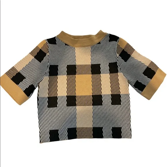 Cropped tan and black plaid sweater! Material is knit poly and this is NWOT - Picture 1 of 2